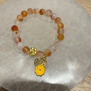 Red flower agate bracelet with fu charm and flower charms